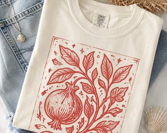 Vintage Pomegranate Shirt, Linocut Botanical Tee, Folk Art Fruit Shirt, Woodblock Nature Graphic, Comfort Colors