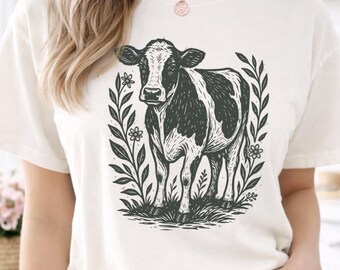 Cow Linocut Shirt, Farm Animal Graphic Tee, Vintage Cow Shirt, Rustic Western Shirt, Cottagecore Animal Tee, Comfort Colors