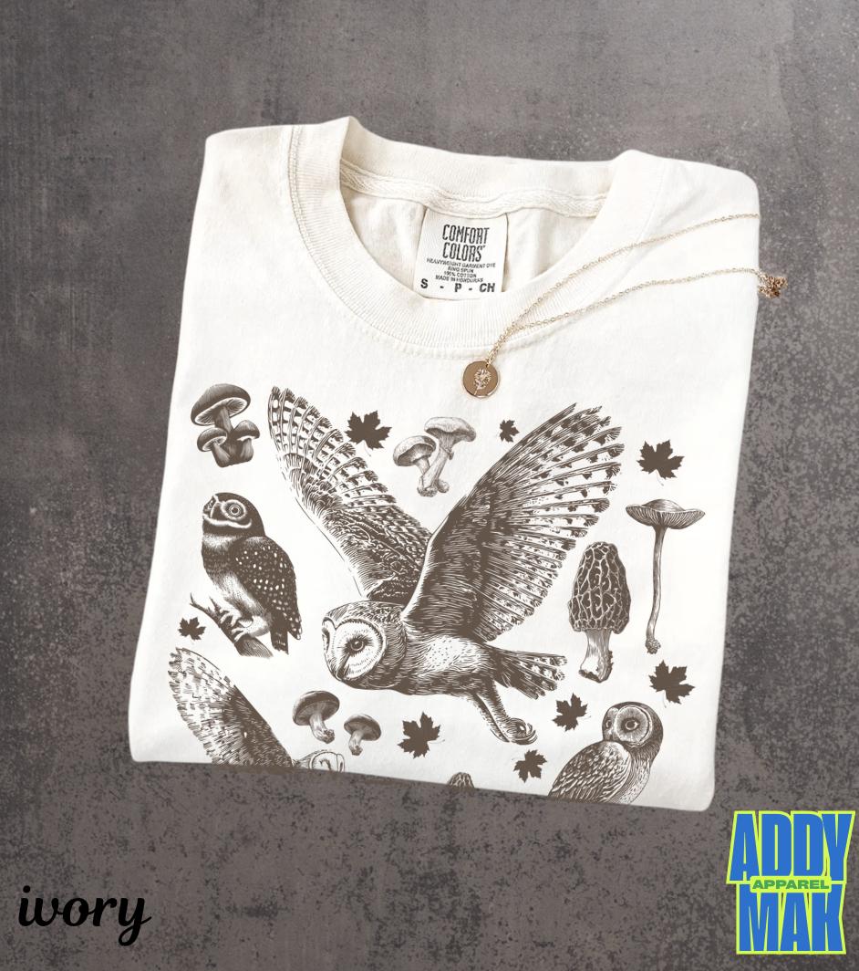 Owls & Mushrooms Comfort Colors® Vintage Style Tshirt, Retro Nature Shirt, Botanical Forest 