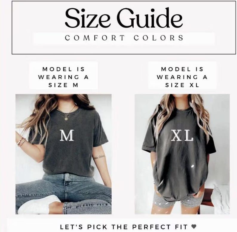 Puede incluir: Una gu&iacute;a de tallas para camisetas Comfort Colors con dos im&aacute;genes. La imagen izquierda muestra una camiseta gris carb&oacute;n en talla M, y la derecha una camiseta gris carb&oacute;n en talla XL. El texto incluye Size Guide, Comfort Colors, Model is wearing a size M, Model is wearing a size XL, y Let's pick the perfect fit.