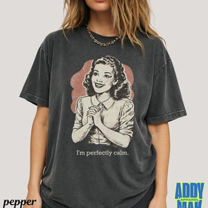 Op de afbeelding: Donkergrijs T-shirt met een vintage illustratie van een vrouw en de tekst "I'm perfectly calm." De afbeelding is in retrostijl, met een vrouw in een overhemd met kraag en een roze-rode achtergrond. Het shirt heeft een relaxte pasvorm.