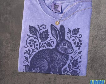 Vintage Rabbit Nature T Shirt, Retro Woodland Animal Graphic Tee, Comfort Colors 90s Linocut Bunny Shirt, Cottage Forest Wildlife Top