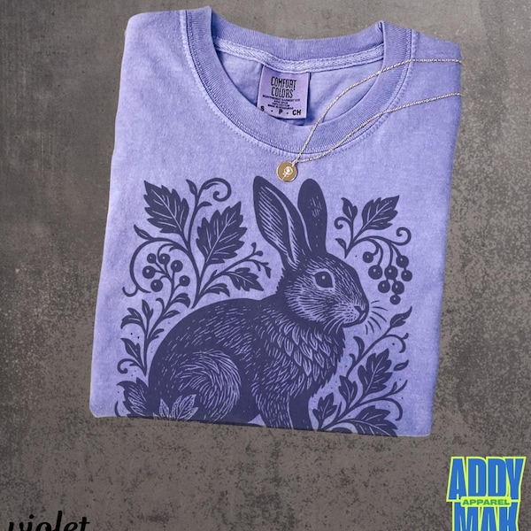 Vintage Rabbit Nature T Shirt, Retro Woodland Animal Graphic Tee, Comfort Colors 90s Linocut Bunny Shirt, Cottage Forest Wildlife Top