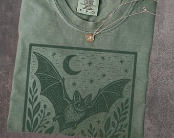Bat Linocut Shirt, Vintage Woodland Bat Tee, Cottagecore Nature Shirt, Gothic Moon Graphic, Comfort Colors Wildlife Tee, Folk Art Gift