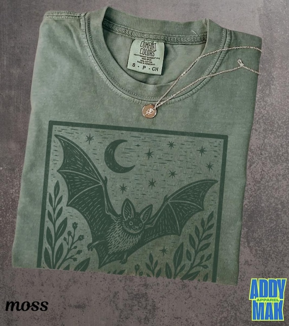 Bat Linocut Shirt, Vintage Woodland Bat Tee, Cottagecore Nature Shirt, Gothic Moon Graphic, Comfort Colors Wildlife Tee, Folk Art Gift