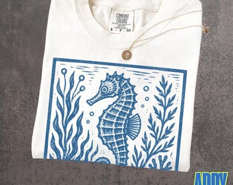Vintage Seahorse Shirt, Coastal Linocut Tee, Ocean Folk Art Graphic, Nautical Comfort Colors Shirt, Beach Lover Gift