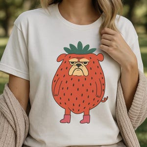 Grumpy Strawberry Bulldog Shirt, Funny Fruit Dog Graphic Tee, Weird Animal T-Shirt, Quirky Gift for Dog Lovers, Retro Cartoon Style