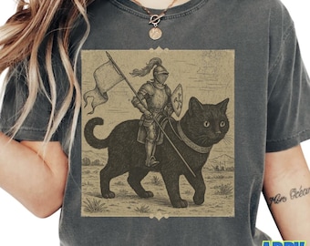 Medieval Knight Riding a Black Cat T-Shirt, Vintage Fantasy Cat Lovers Shirt, Comfort Colors® Retro Knight Tee, Cat Warrior Graphic
