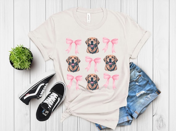 Golden Retriever Mom Shirt, Dog Lover Valentine Tee, Cute Pink Bow Dog Graphic T-Shirt, Adorable Retriever Gift for Women, Pet Mom Apparel