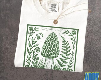 Morel Mushroom Shirt, Vintage Mushroom Tee, Woodland Linocut Graphic, Cottagecore Nature Shirt, Comfort Colors Gift