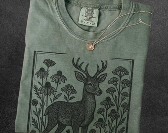 Vintage Linocut Deer Shirt Comfort Colors Block Print Wildlife Tshirt Woodcut Stamp Tee Cottagecore Boho Botanical Nature Graphic Cotton