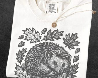 Vintage Linocut Hedgehog Shirt Comfort Colors Block Print Woodland Animal Tshirt Woodcut Stamp Tee Cottagecore Boho Autumn Wildlife Cotton