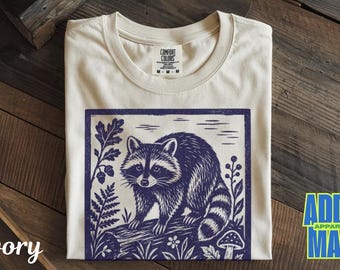 Vintage Raccoon Shirt, Woodland Raccoon Tee, Linocut Forest Animal Graphic, Folk Art Nature Shirt, Comfort Colors Gift