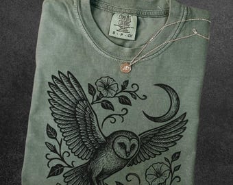Vintage Linocut Barn Owl Shirt Comfort Colors Block Print Bird Tshirt Moonflower Woodcut Stamp Tee Cottagecore Boho Nocturnal Wildlife Top