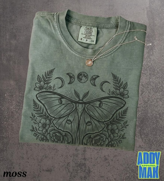 Luna Moth Moon Phases Shirt, Vintage Moth Linocut Comfort Colors Tee, Celestial Nature Graphic Shirt, Cottagecore Moth Shirt