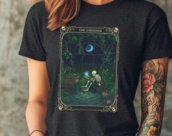 Mystical Gardener Tarot Card Shirt, Witchy Plant Lover Tee, Gothic Cottagecore Skeleton Tee, Vintage Botanical Witch Gift Aesthetic Occult
