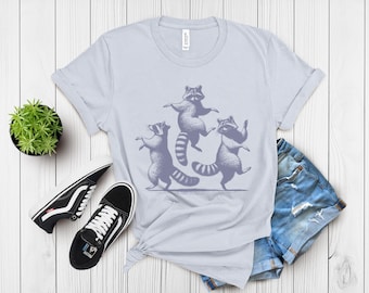 Dancing Raccoons 90s Retro Tattoo Style T-Shirt, Vintage Nature-Themed Graphic Tee, Funny Raccoon Lovers Shirt, Quirky Animal Gift