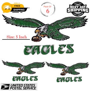 May include: Embroidered patches featuring a green and white eagle holding a football, with the word "EAGLES" below. Each patch is 5 inches in size. The image shows a pack of six patches.