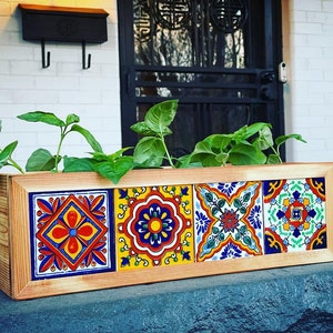 Mexican Tile Planter Box, Handmade Wooden Planter, Mexican Tile, House Plant Box, Indoor Outdoor, Home and Garden Decor, Housewarming Gift