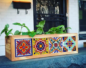 Mexican Tile Planter Box, Handmade Wooden Planter, Mexican Tile, House Plant Box, Indoor Outdoor, Home and Garden Decor, Housewarming Gift