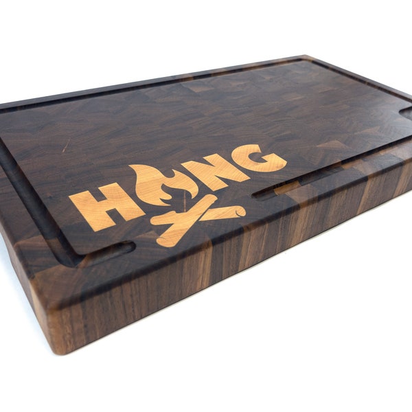 Customizable End Grain Walnut Butcher Block 21" x 12.25" x 2" Handcrafted from American Black Walnut. Personalized Inlaid Maple Name or Logo