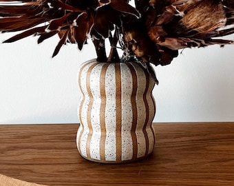Ceramic Striped Bubble Vase | Decorative Speckled Brown and White Bud Flower Decor | Handmade Unique Modern Minimalist Housewarming Gift