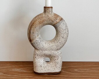 Ceramic Candle Holder | White and Beige Speckled Donut Sculptural Decorative Tapered Candlestick | Modern Minimalist Home Decor