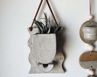Wavy Ceramic Wall Planter with Drainage Hole | Handmade White Speckled Indoor Hanging Plant Pot | Air Plant Holder | Housewarming Gift
