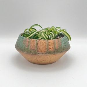 Turquoise Ceramic Planter with Drainage Hole | Striped Teal & Brown Speckled Handmade 5.5" Shallow Plant Pot | Unique Indoor Gardening Gift