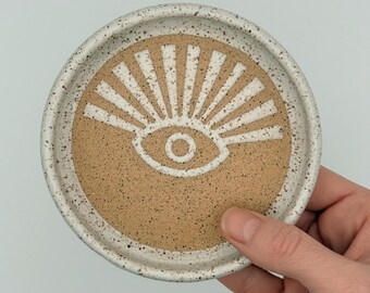 Ceramic Evil Eye Trinket Dish | Speckled Catchall Tray | Handmade Ring Dish | Gift for Witchy Home | Celestial Desert Home Decor