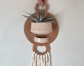 Ceramic Wall Planter with Drainage Hole | Handmade Speckled Indoor Hanging Air Plant Pot with Beige Macrame Fringe | Rust Terracotta Pink
