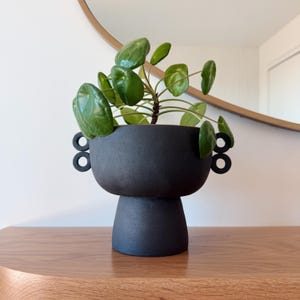 SECONDS SALE - 6" Matte Black Ceramic Pedestal Planter with Drainage Hole | Sculptural Handmade Plant Pot with Warm Brown Glazed Interior