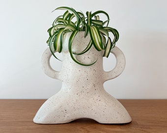 White Speckled Ceramic Bud Vase | Playful Handmade Air Plant Holder Display | Cheeky Hands-on-Hips Modern Home Decor