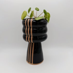 May include: A black ceramic planter with a pedestal base, featuring vertical tan stripes and a rounded, ribbed upper section. The planter holds a small green plant with round leaves. The design is modern and minimalist.