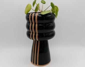 5" Ceramic Planter with Drainage Hole & Pedestal Saucer | Black and Brown Striped Indoor Bubble Plant Pot | Unique Handmade Pottery Gift