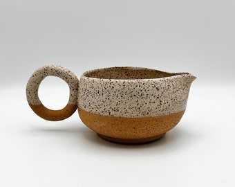 White Speckled Ceramic Gravy Boat | Unique Circle Handle Brown Cream Macha Cup with Pour Spout | Handmade Pottery Kitchen Creamer Pitcher