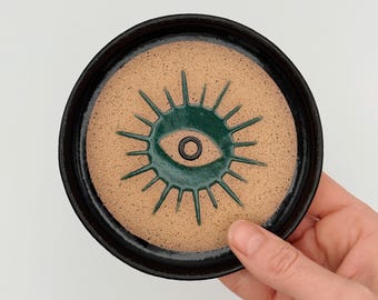 Ceramic Evil Eye Trinket Dish | Speckled Catchall Tray | Handmade Ring Dish | Gift for Witchy Home | Celestial Mystic Decor | Black & Teal