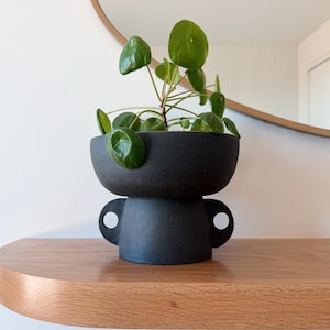 SECONDS SALE - 7" Matte Black Ceramic Pedestal Planter with Drainage Hole | Sculptural Handmade Plant Pot with Warm Brown Glazed Interior