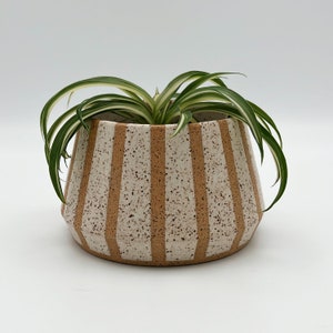 Striped Speckled Ceramic Planter with Drainage Hole | Unique Brown & White Handmade 4" Plant Pot | Modern Minimalist Neutral Home Decor Gift