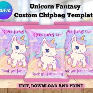 May include: Three unicorn-themed chip bag templates. Each bag displays a cartoon unicorn with a rainbow mane and tail, set against a pastel rainbow backdrop. Text includes "Astrea turns One!" and "Thank you for coming!"