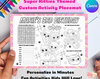 Mantel individual de cumpleaños de SuperKitties / Laberinto para colorear para niños (Descarga digital)