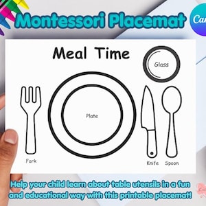 Peut inclure: Un set de table Montessori blanc avec des dessins au trait noirs d'ustensiles de repas. Le set de table comprend une fourchette, une assiette, un verre, un couteau et une cuillère, avec des étiquettes. Le texte dit "Montessori Placemat" et "Meal Time".