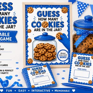 Op de afbeelding: Een printbare partygame-set met een bord en antwoordkaarten met de tekst Guess How Many Cookies Are In The Jar. Het ontwerp bevat blauwe stippenranden, illustraties van chocoladekoekjes en een glazen pot met een blauw deksel.