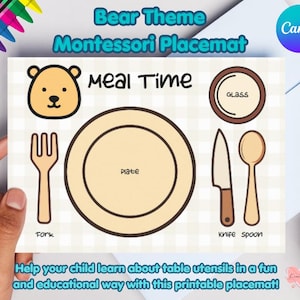 Peut inclure: Un set de table Montessori beige sur le thème de l'ours. Le set de table présente des illustrations d'une fourchette, d'une assiette, d'un couteau, d'une cuillère et d'un verre, avec les mots "Meal Time". Le texte en bas indique : "Aidez votre enfant à apprendre les ustensiles de table de manière amusante et éducative avec ce set de table imprimable !"