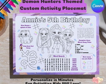 Placemat cartoon demonenjagers activiteit • Afdrukbaar kinderfeestspel • Kleurplaat • Gepersonaliseerde demonenjagers-feestgunst • Bewerkbare pdf