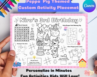 Cartoon Pig Birthday Placemat • Kids Party Game, Coloring Sheet (Editable PDF)