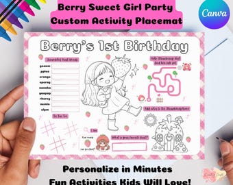 Mantel individual imprimible con actividades de cumpleaños para niña con pastel de fresa / Hoja de juego para fiestas infantiles / Colorear y actividades con bayas lindas / Descarga instantánea