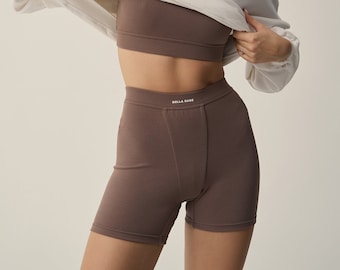 Brown Ribbed Yoga and Fitness Set, Boxer Shorts and Crop Top, Ribbed Sports Wear, Sport wear, Lounge Wear, Cycling shorts and top Set