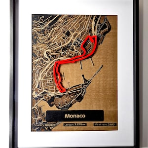 Grand Prix Formule 1 van Monaco met houten stadsplattegrond racebaan - ingelijste muurkunst - formule 1-kunst - kerstcadeau voor hem - cadeau vriendje