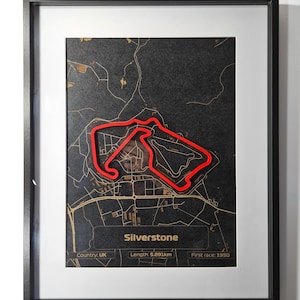Grand Prix Formule 1 Silverstone met houten stadsplattegrond racebaan - ingelijste muurkunst - formule 1-kunst - kerstcadeau voor hem - cadeau vriendje